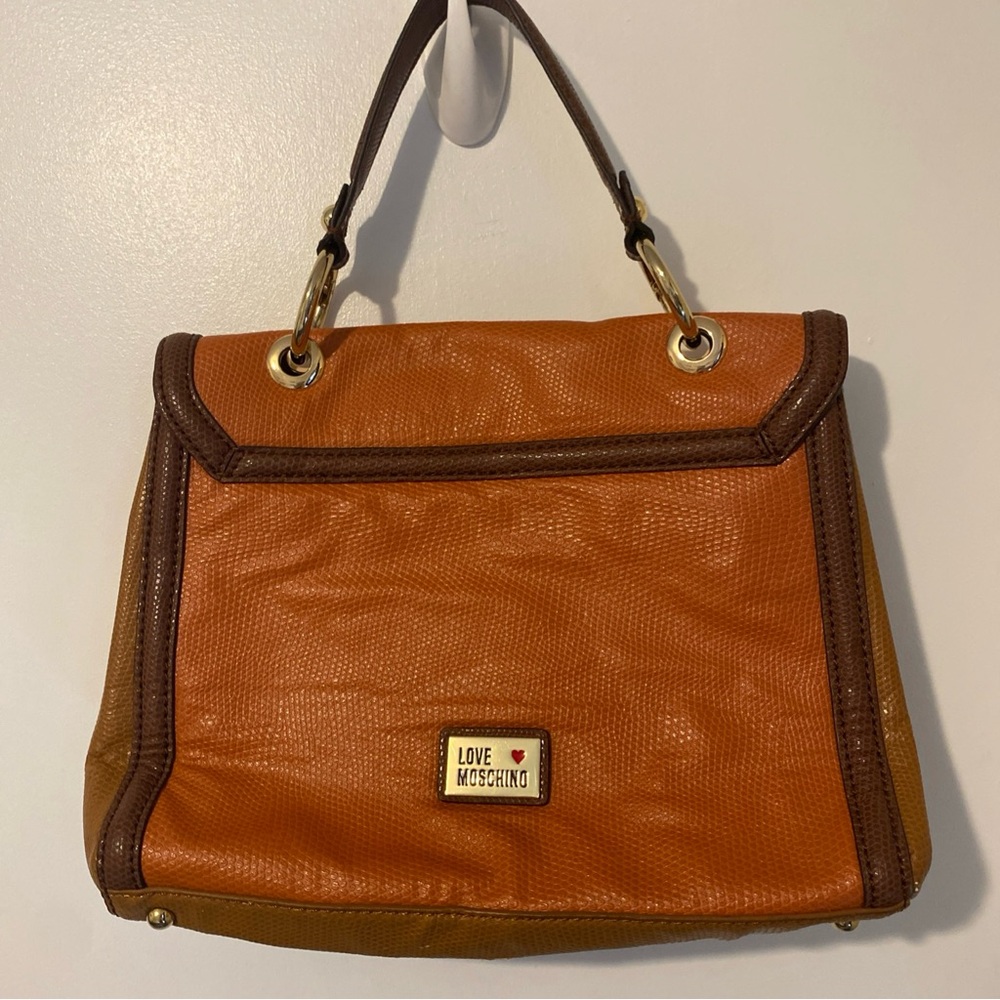 Love Moschino Vintage Orange and Brown Pebbled Leather Satchel Purse Bag - Picture 2 of 13